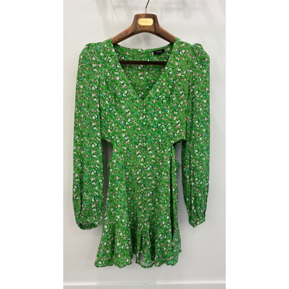AFRM-Revolve Green Floral Cutout Mini Dress Long Sleeve V-Neck Button Front (S)